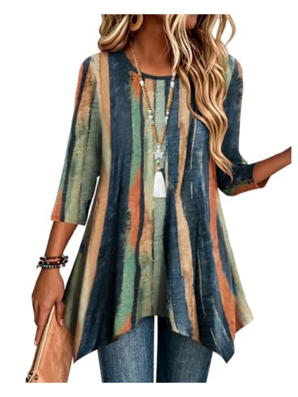 Womens 3/4 Sleeve Tunic Top Loose Fit Dressy Boho Shirt